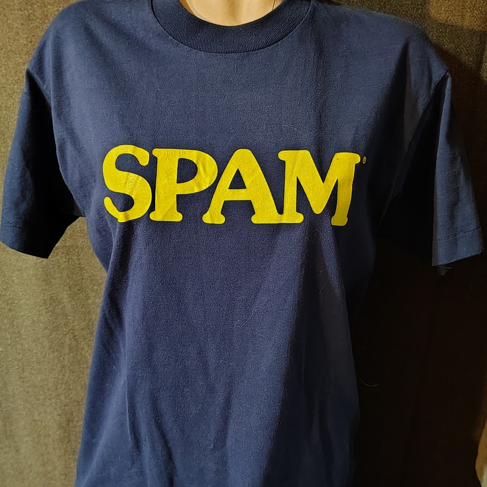Screen Stars Navy Blue Tee with Yellow Print Spam